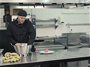 Chef Nacho Vidal smashes his fresh chief in the kitchen